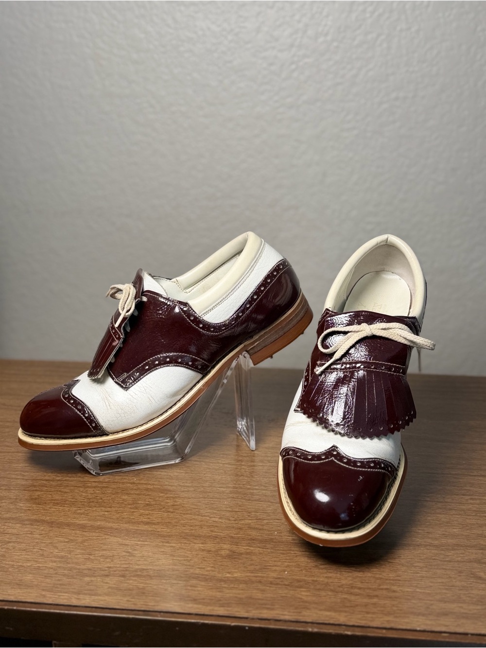 Vintage Lazy Bones Leather Kiltie Wingtip Spectator Golf Shoes Burgundy Ivory 8